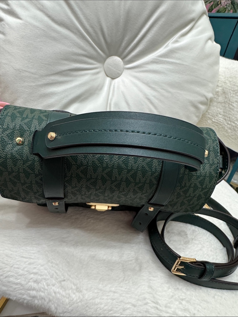 Michael Kors Forest Green Monogram Satchel with Gold Hardware - Picture 2 of 10